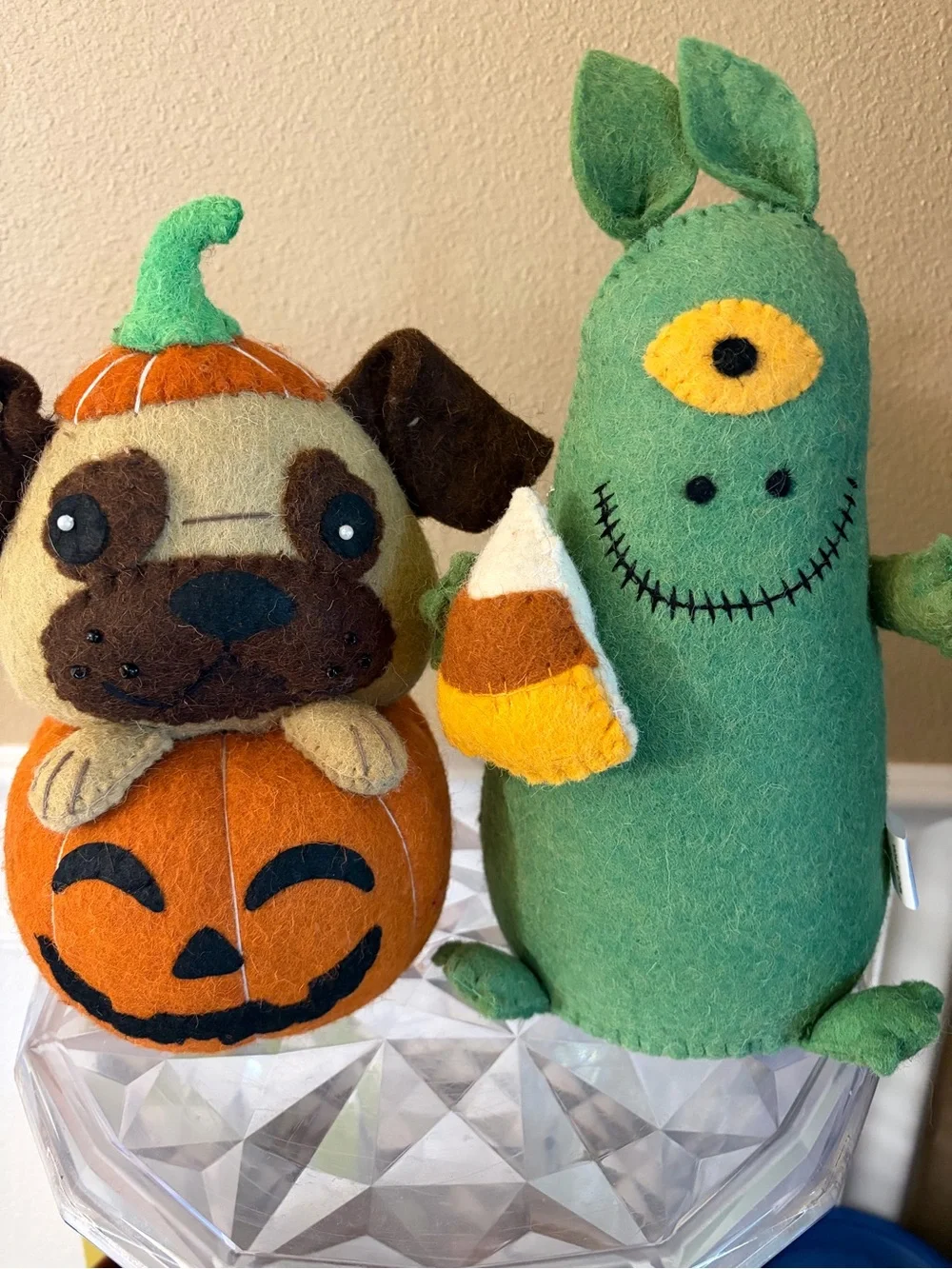 Wool Weighted Halloween Decor Pug Pumpkin Pup & Green Candy Corn Monster